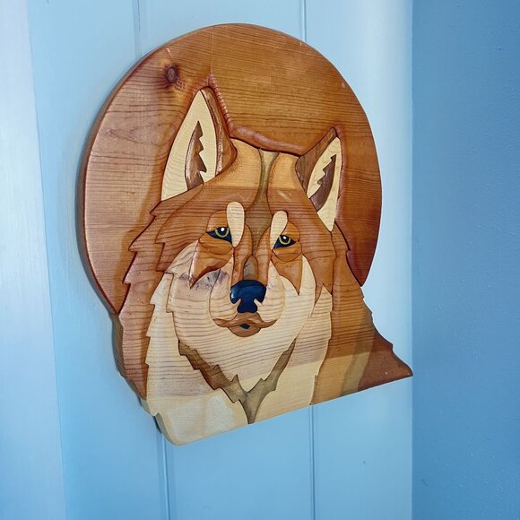 Handcrafted Wooden Wolf Wall Art Intricate Intarsia Design Natural Wood Tones Ru - Picture 5 of 6